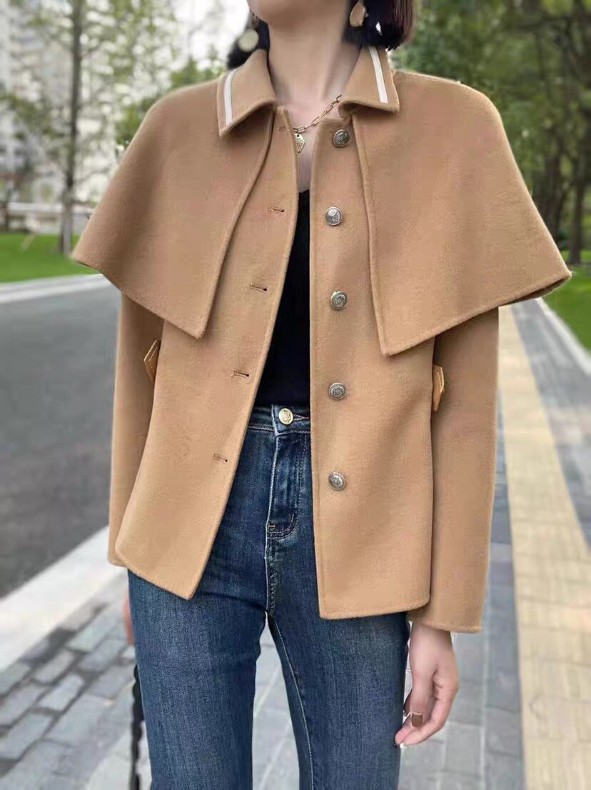 欧洲站2024新款拼接款长袖单排扣修身轻奢短款双面羊毛呢子外套