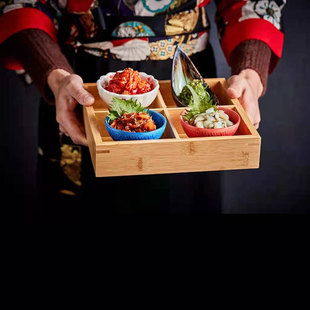 日式餐具食器 多格寿司盘四宫格竹盒 红色小料碟前菜套组高脚料碗