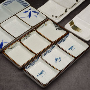 日本料理日韩式陶瓷料碟三格味碟烧肉店干料小菜长方调料碟桌面碟