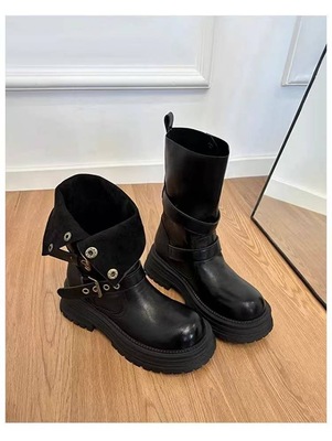 小个子厚底美拉德中筒短靴女2025新款粗腿大筒围英伦复古骑士靴瘦