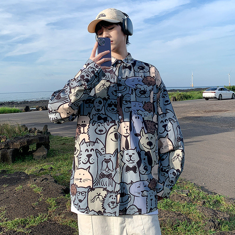 2025春装新款海边卡通印花冰丝长袖衬衫蓝色,男装衬衫,电商A093