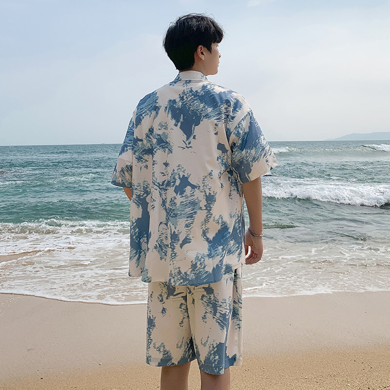 A093-TZ512-P58控78短袖印花衬衫套装浅蓝色,男装T恤,电商A093