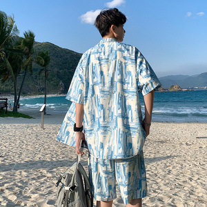 25夏装新款海滩涂鸦冰丝短袖衬衫套装沙滩裤A093-TZ076-P58图片