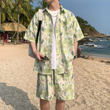 A093-TZ521-P58控78冰丝印花短袖衬衫套装浅蓝色，男装T恤，电商A093