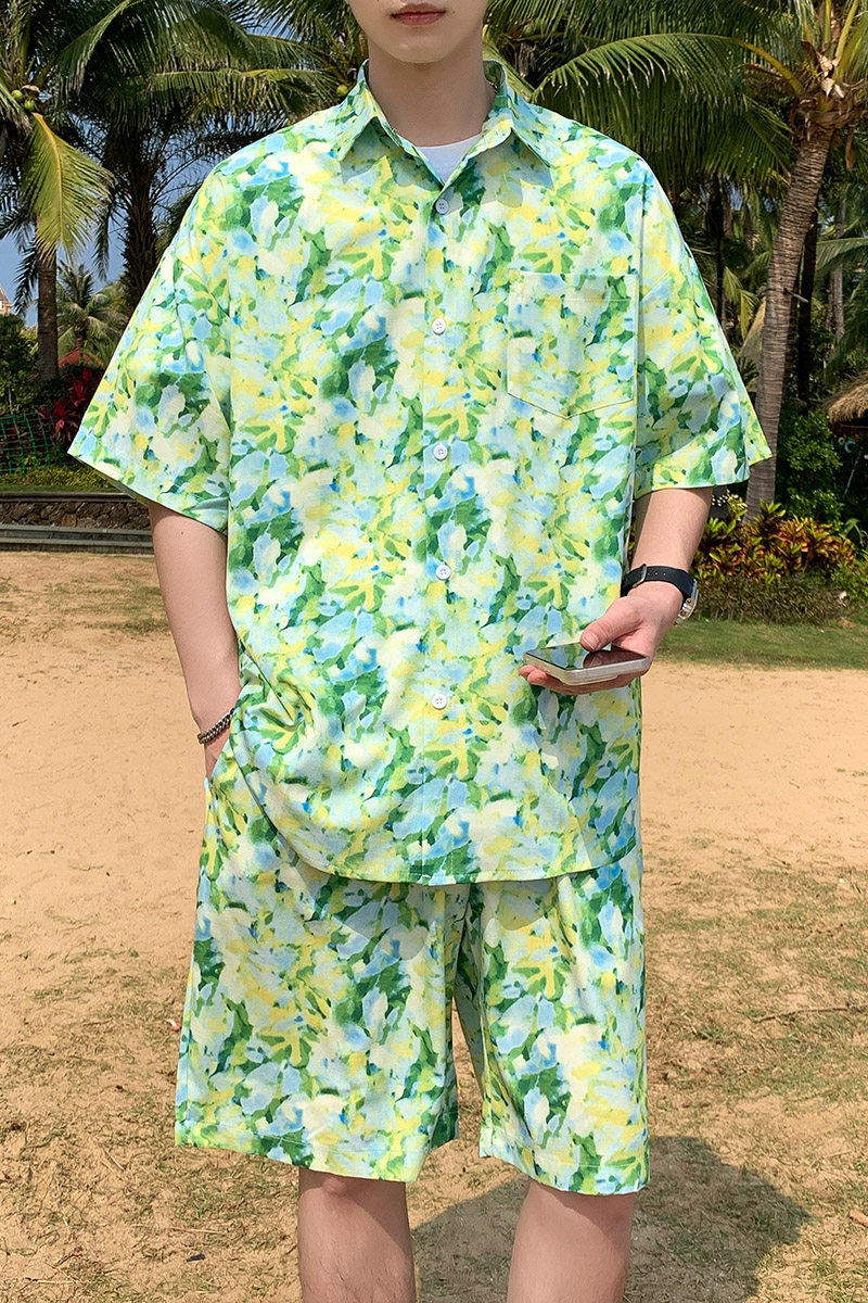 A093-TZ523-P58控78冰丝印花短袖衬衫套装深绿色,男装T恤,电商A093