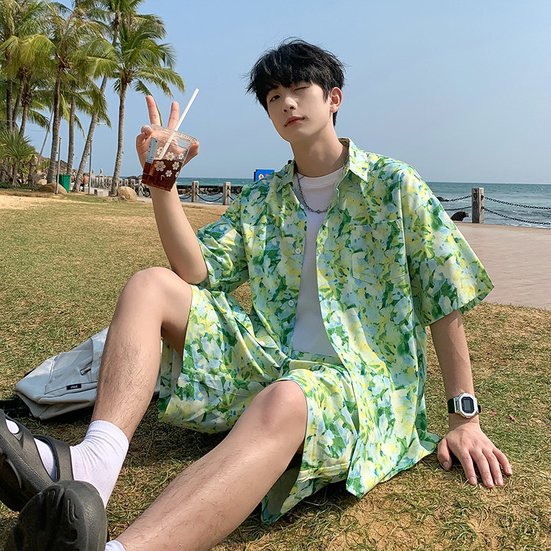 A093-TZ523-P58控78冰丝印花短袖衬衫套装苹果绿，男装T恤，电商A093