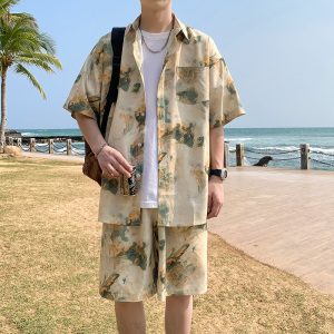 A093-TZ525-P58控78冰丝印花短袖衬衫套装浅卡其，男装T恤，电商A093