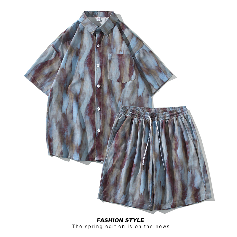 短袖沙滩花衬衫套装A093-TZ520-P58控78淡蓝紫，男装T恤，电商A093