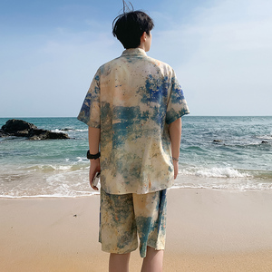 A093-TZ522-P58控78冰丝印花短袖衬衫套装淡蓝色图片