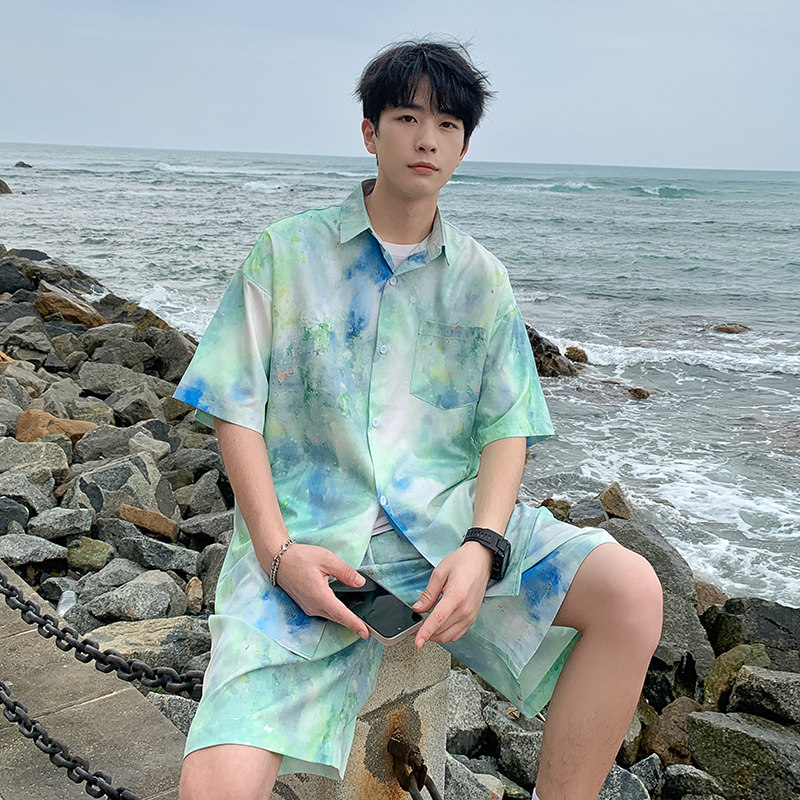 A093-TZ522-P58控78冰丝印花短袖衬衫套装淡蓝色，男装T恤，电商A093