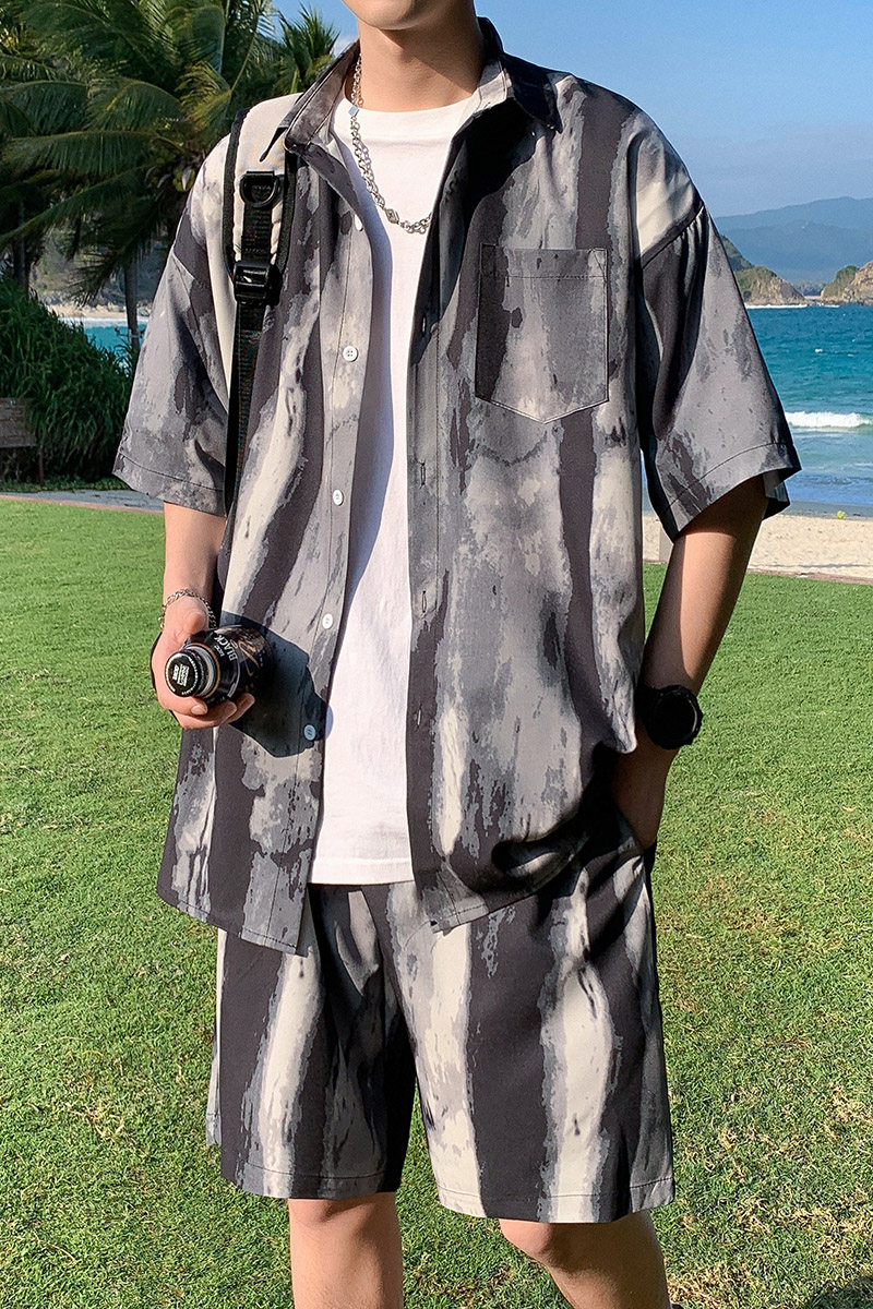 2025夏装新款海滩冰丝短袖衬衫套装沙滩裤A093-TZ091-特P45黑灰,男装衬衫,电商A093
