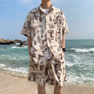 A093-TZ529-P58控78冰丝印花短袖衬衫套装浅绿色，男装T恤，电商A093