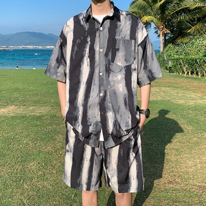 2025夏装新款海滩冰丝短袖衬衫套装沙滩裤A093-TZ091-特P45 黑灰图片