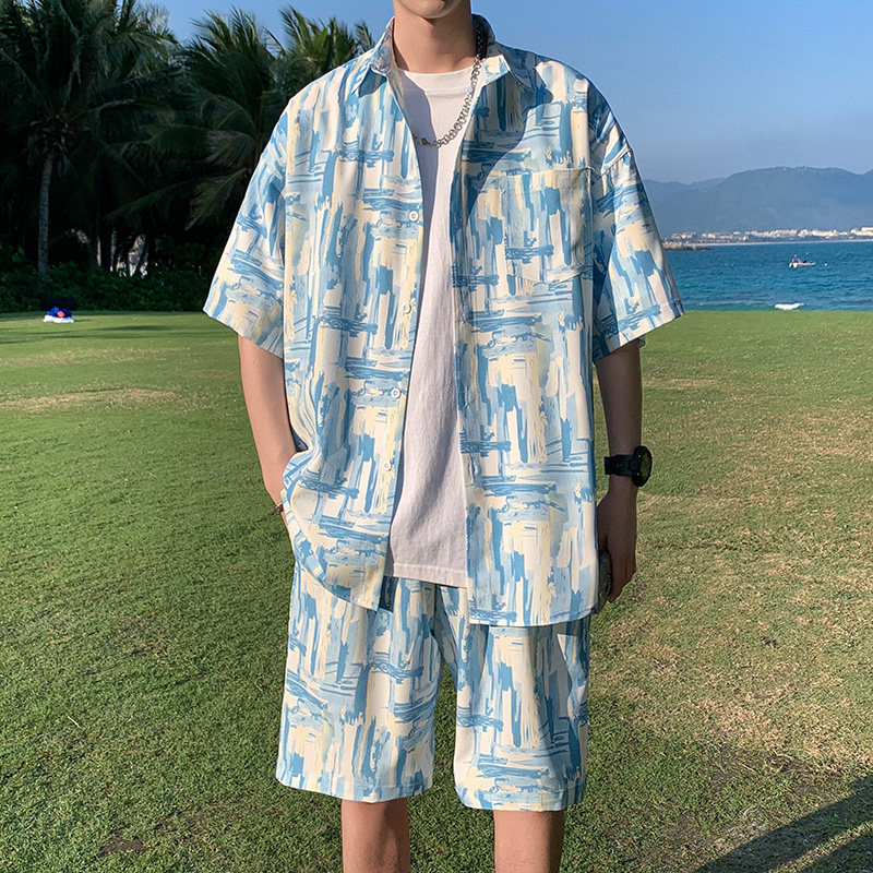 25夏装新款海滩涂鸦冰丝短袖衬衫套装沙滩裤A093-TZ076-P58图片