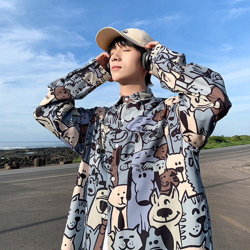 2025春装新款海边卡通印花冰丝长袖衬衫蓝色，男装衬衫，电商A093