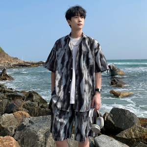 短袖印花冰丝衬衫套装A093-TZ520-P58控78 黑色，男装T恤，电商A093