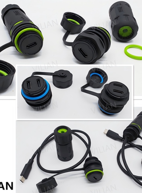 RJ45双口直通母插座type-c航空插头USB接口延长线IP68防水连接器