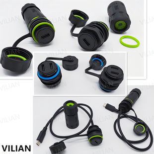 RJ45双口直通母插座type c航空插头USB接口延长线IP68防水连接器