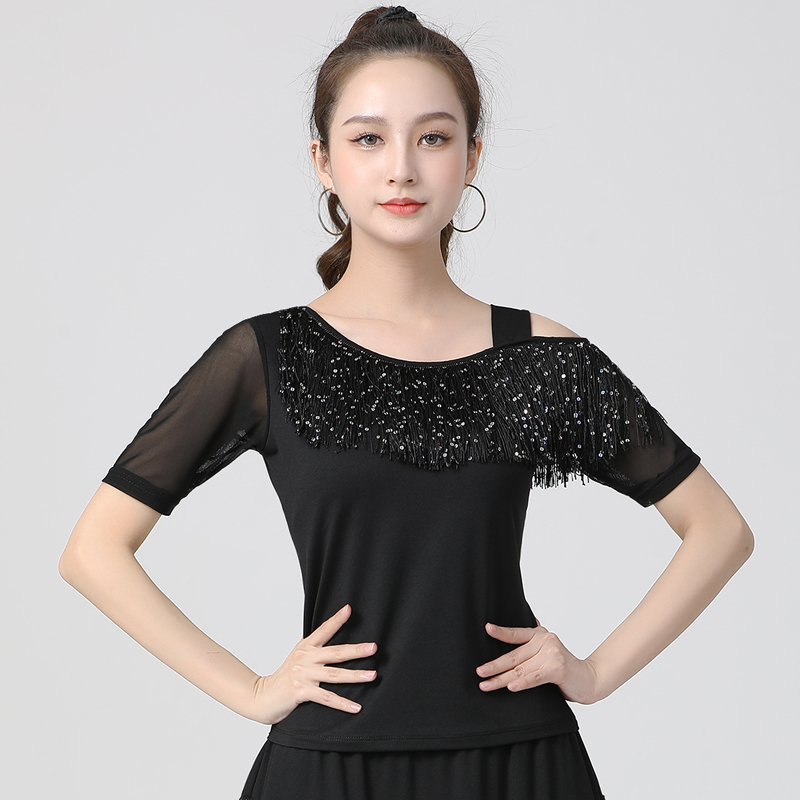 广场舞流苏上衣短袖单肩拉丁舞女