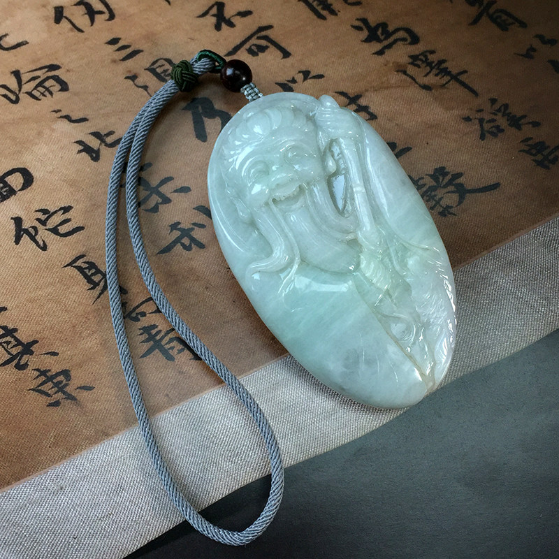 缅甸a货翡翠渔翁得利手把件 姜太公钓鱼玉石书桌精品摆件鉴定孤品