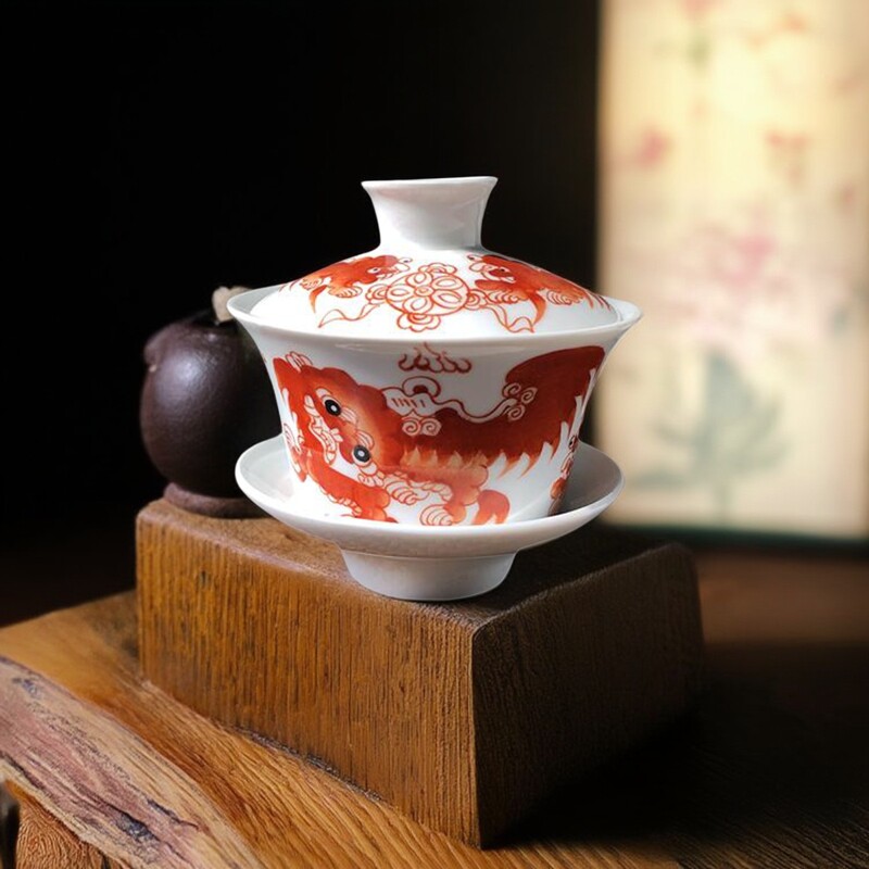 全新清代风格手绘矾红太师少保盖碗三才茶碗大容量库存