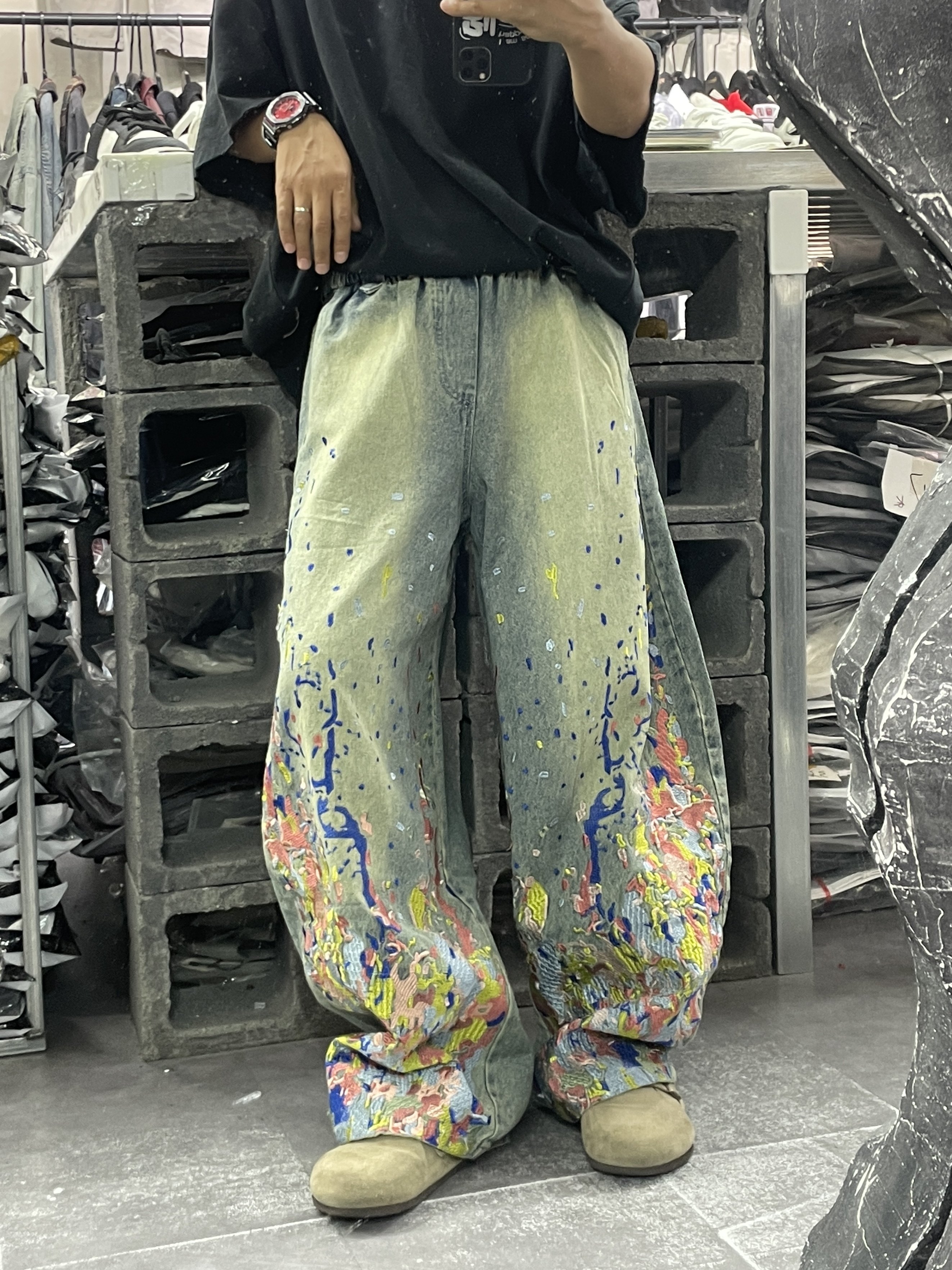 25年秋冬新款欧美网红重工刺绣直筒弯刀水洗阔腿痞帅情侣牛仔裤