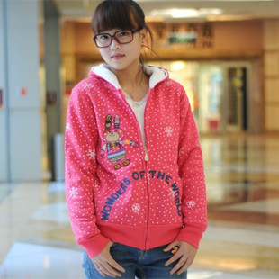 加绒外套女冬rough学生宽松棉服连帽拉链开衫羊羔绒厚雪花兔卫衣