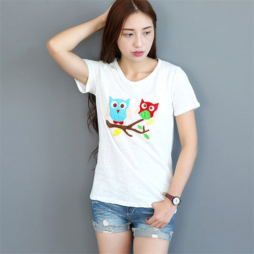 2024春季女装少女夏立体卡通绣花猫头鹰纯棉质短袖T恤女rough体恤