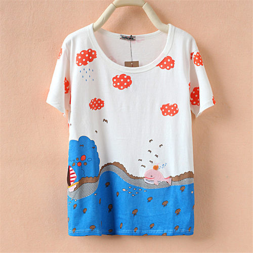 2024rough海豚小雨点日系学生装宽松少女装彩印运动休闲短袖T恤潮