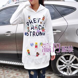 rough绣花小熊乐园连帽纯棉中长款卫衣2024新女宽松韩版秋春外套