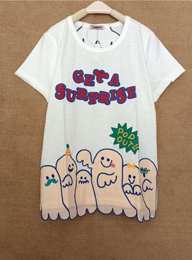 rough夏季新款韩版卡通纯棉t恤女圆领短袖宽松半袖白色上衣女潮流