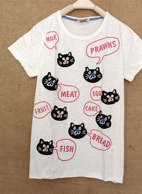 短袖T恤2026年rough新款女设计感小众夏季薄纯棉学生白色绣花馋猫