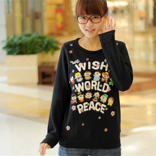 原宿贴布绣学生世界和平连帽卫衣