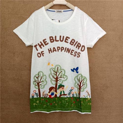 牵手出游短袖T恤2024年新款女设计感夏季rough纯棉学生绣花甜美系