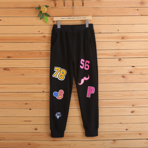 绣花字母卫裤女薄款高腰长裤纯棉