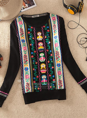 白色卫衣女2024rough绣花俄罗斯娃娃秋春薄款上衣宽松韩版圆领衫