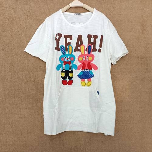 2024夏季韩版圆领rough绣花蓝兔短袖t恤女宽松纯棉中长上衣ins 潮