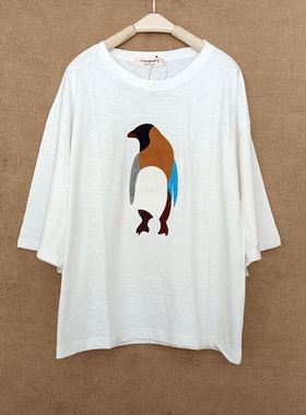 欧洲站2024新款纯棉宽松白色t恤女夏装短袖tinsrough绣花企鹅半袖