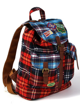 格子布双肩包女2rough新款时尚百搭休闲小背包轻便大容量贴布绣包