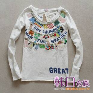 2024外贸原单rough五彩缤纷晾衣绳长袖韩版春秋女装T恤休闲打底衫