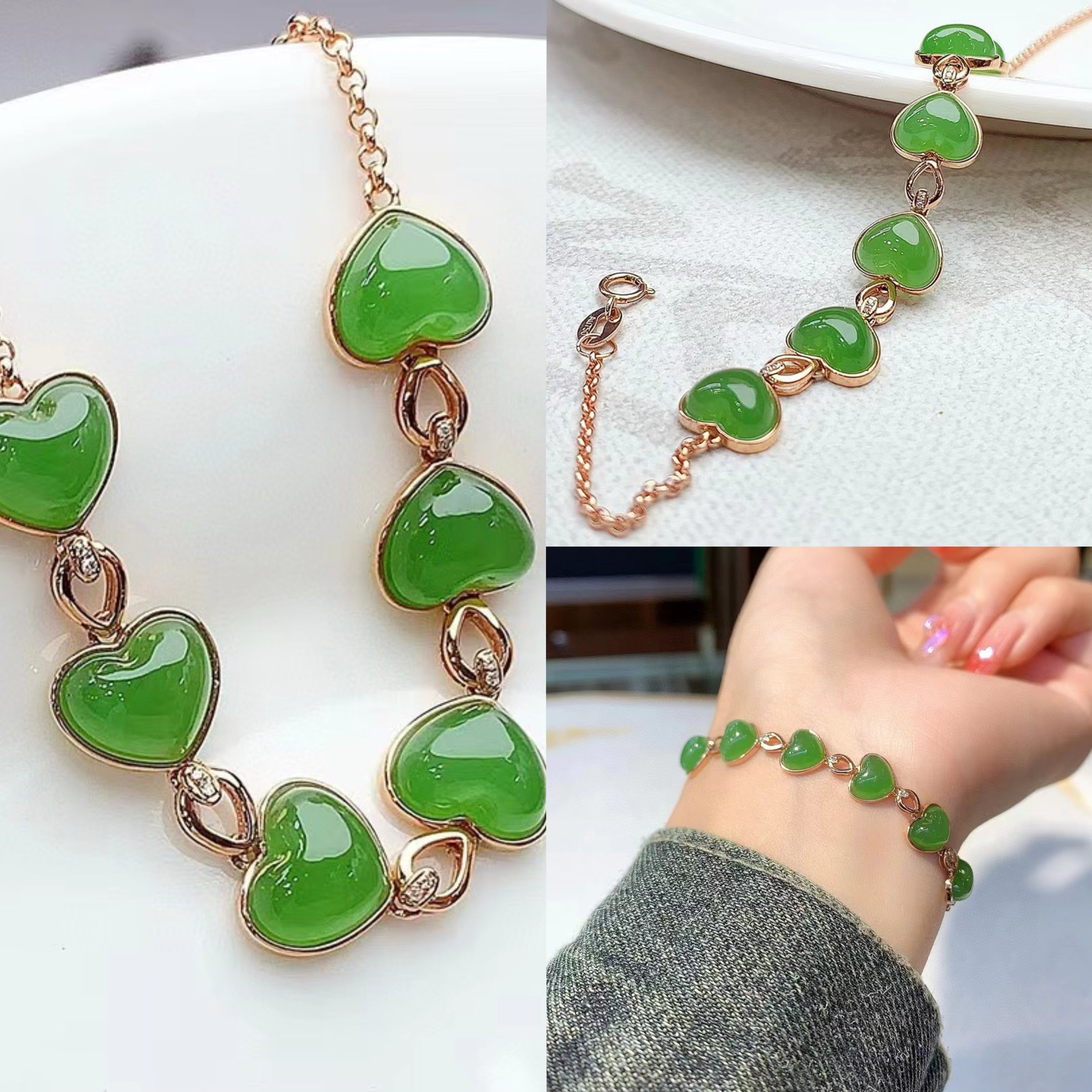 保真天然和田玉碧玉18k金镶碧玉心形手链阳绿俄碧女式高档玉手链