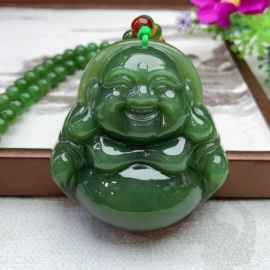 孤品和田玉碧玉精品佛公套链吊坠毛衣链无黑无裂冰透水润绿色笑佛