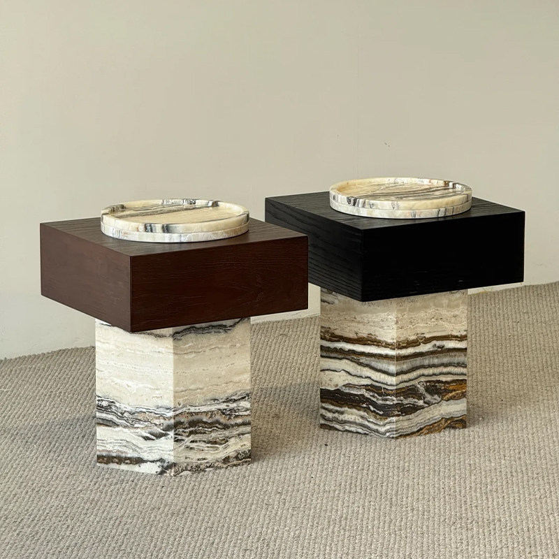 意式极简洞石边几客厅现代轻奢高级感边几床头柜角几侘寂风家用