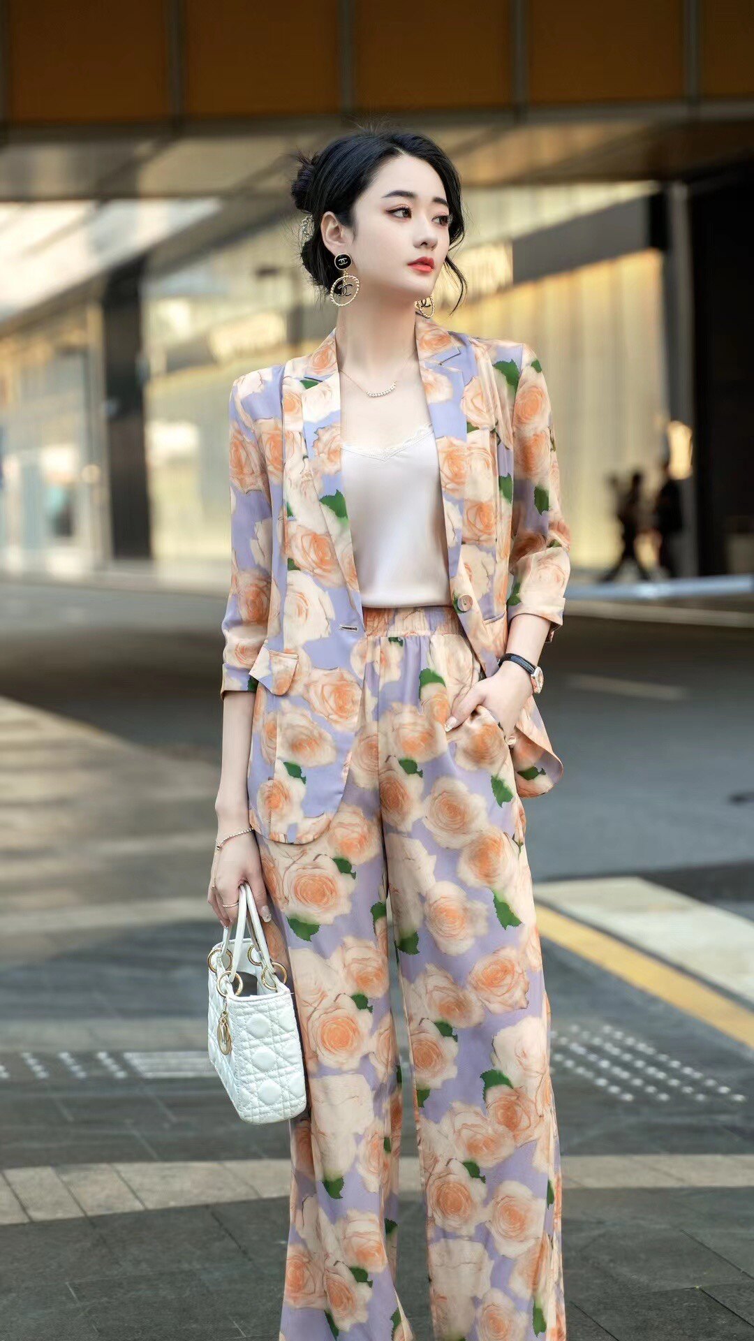 重磅100%真丝印花西装套装高端气质上衣长裤御姐桑蚕丝两件套女夏