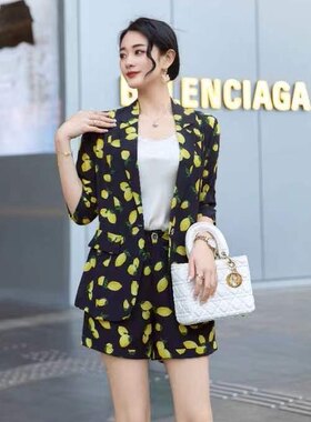 真丝印花西装套装衬衫短裤阔腿时尚显瘦薄款通勤桑蚕丝两件套女夏