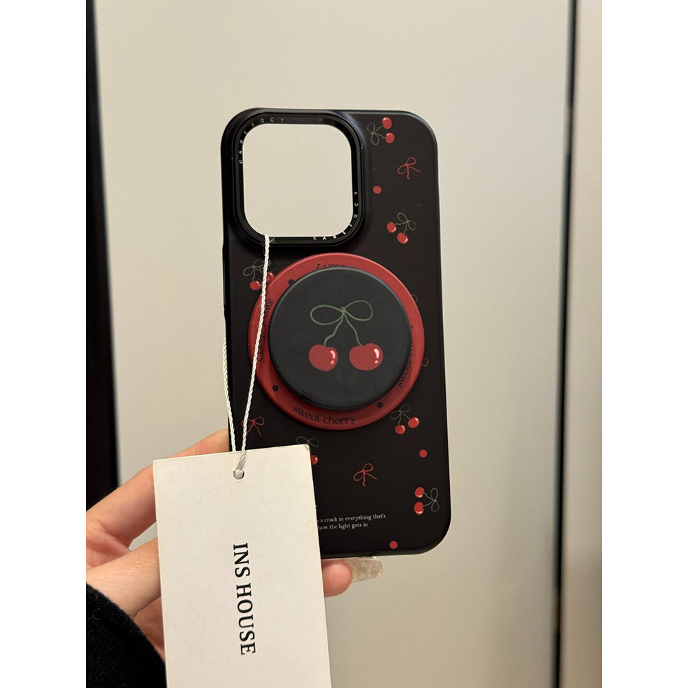 黑底波点樱桃黑猫磁吸支架适用苹果16promax手机壳15iphone14保护套13菲林硬壳日韩ins风小众创意新款个性