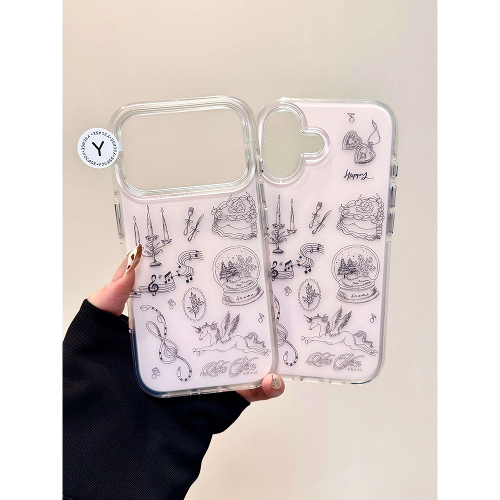 磨砂卡通可爱涂鸦简约小白马适用苹果17promax手机壳15iphone16pro保护套13/14双层IMD高级感气囊防摔新款ins