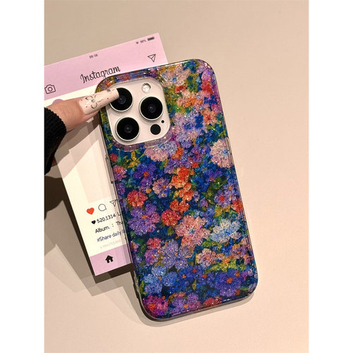 ins风小众晕染紫闪粉碎花适用苹果16promax手机壳15iphone14保护套13双层imd高级感日韩小众创意个性新款