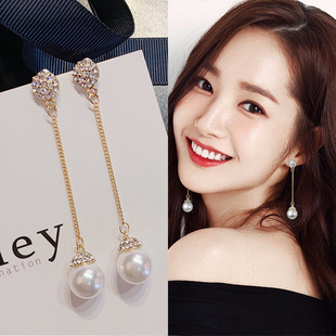 2020秋冬新款925银针耳钉长款珍珠耳环女显脸瘦简约气质流苏耳饰