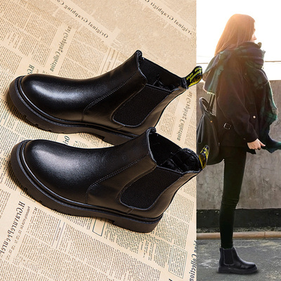 切尔西短靴女冬季新款大码马丁靴41到43加绒女靴平底胖脚宽肥靴子